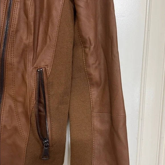 Andrew Marc Genuine Leather Moto Jacket Brown Asymmetrical Zip Size M - Picture 3 of 7